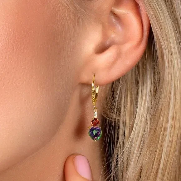 18K Yellow Gold with 3.77 Cttw Green Mystic Topaz and Garnet Leverback Earrings